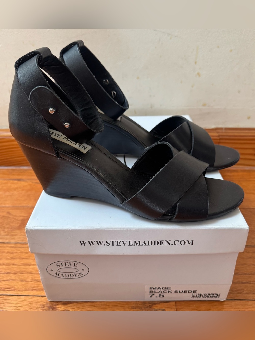 Steve Madden black leather platform wedge sandals